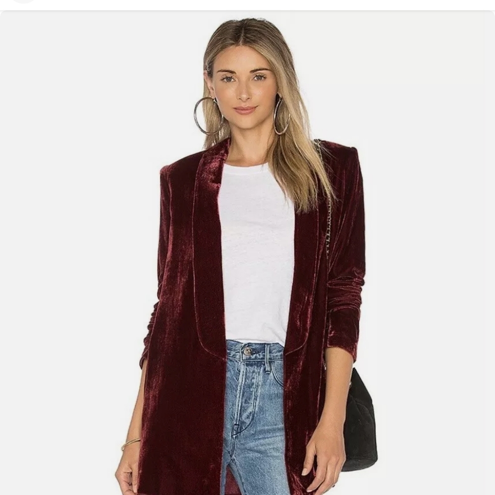 Revolve House of Harlow 1960 Chloe Boyfriend Burgundy Velvet Blazer Jacket - Picture 4 of 15